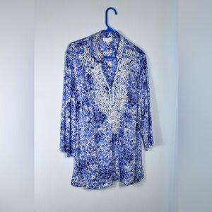 Charter Club Blue & White Floral Top. With Beautiful Beaded V-Neck.